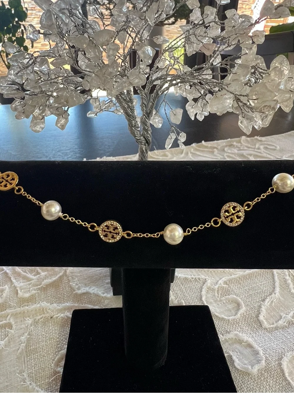 Tory Burch Gold-Tone Pearl Station Bracelet with Logo Discs